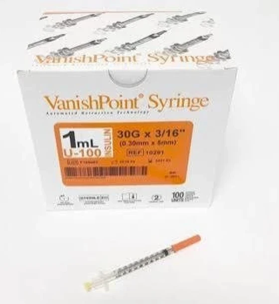حقن انسولين 1 مل مع إبرة 30G (Insulin Syringe 1ml 30G)